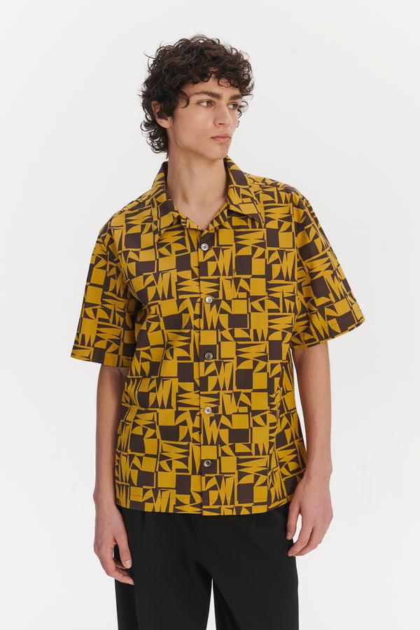 Delikatessen Short Sleeve Cuban Collar Shirt In A Yellow And Brown Geometric Italian Cotton