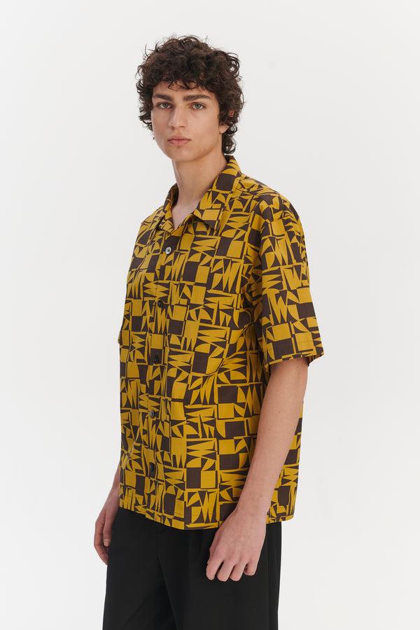 Delikatessen Short Sleeve Cuban Collar Shirt In A Yellow And Brown Geometric Italian Cotton