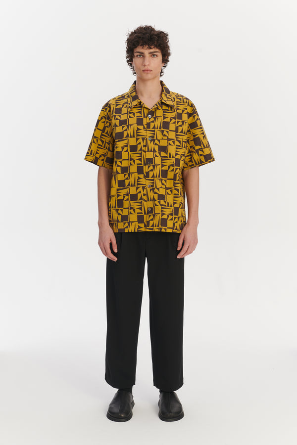 delikatessen Short Sleeve Cuban Collar Shirt in a Yellow and Brown Geometric Italian Cotton