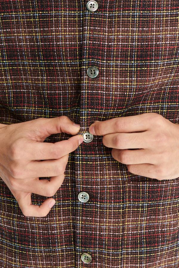 Delikatessen Short Sleeve Garden Shirt In A Brown Yellow White And Red Chequered Portuguese Cotton