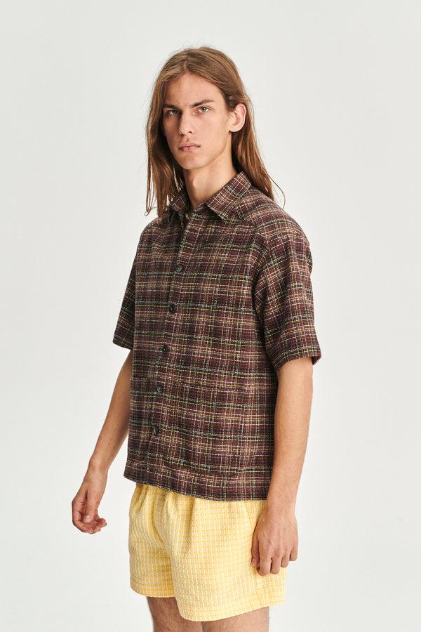 Delikatessen Short Sleeve Garden Shirt In A Brown Yellow White And Red Chequered Portuguese Cotton