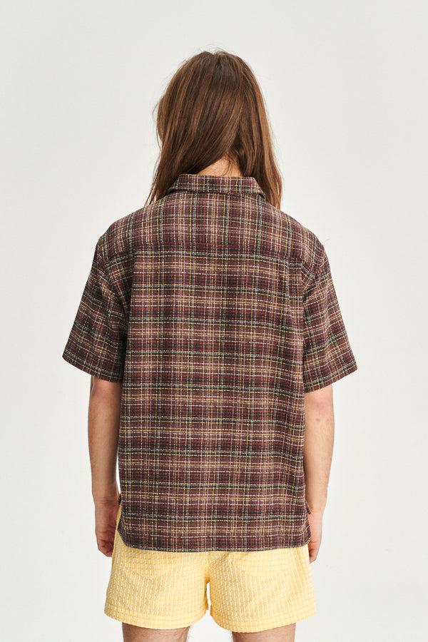 Delikatessen Short Sleeve Garden Shirt In A Brown Yellow White And Red Chequered Portuguese Cotton