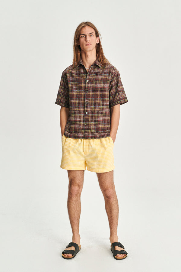 delikatessen Short Sleeve Garden Shirt in a Brown Yellow White and Red Chequered Portuguese Cotton