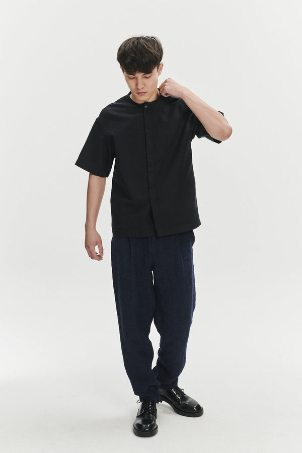 Delikatessen Short Sleeve Minimal Shirt In A Black Fine Portuguese Cotton And Linen