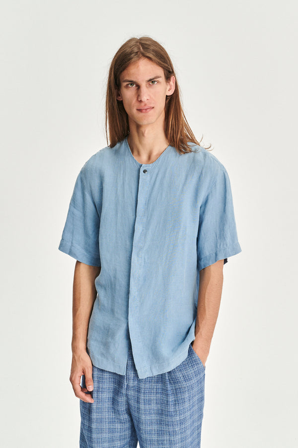 Delikatessen Short Sleeve Minimal Shirt In A Fine Indigo Blue Portuguese Linen