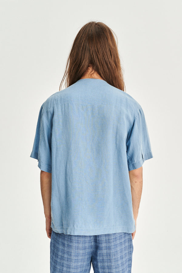Delikatessen Short Sleeve Minimal Shirt In A Fine Indigo Blue Portuguese Linen