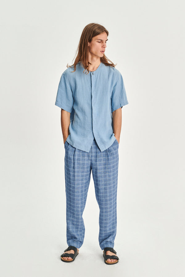 Delikatessen Short Sleeve Minimal Shirt In A Fine Indigo Blue Portuguese Linen