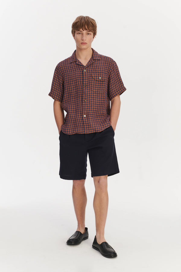 Delikatessen Short Sleeve Relaxed Camp Collar Shirt In A Double Sided Rusty Red And Blue Chequered Linen