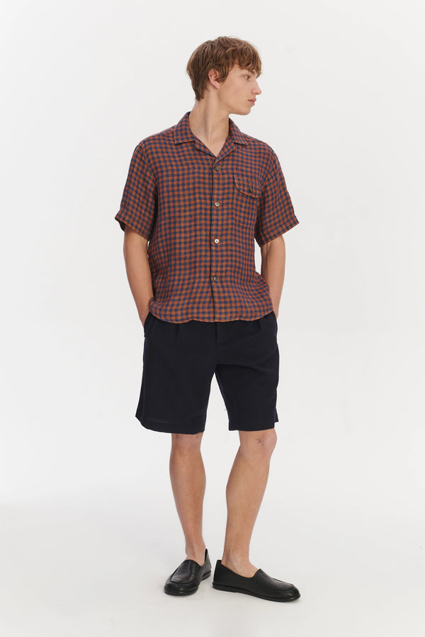 Delikatessen Short Sleeve Relaxed Camp Collar Shirt In A Double Sided Rusty Red And Blue Chequered Linen