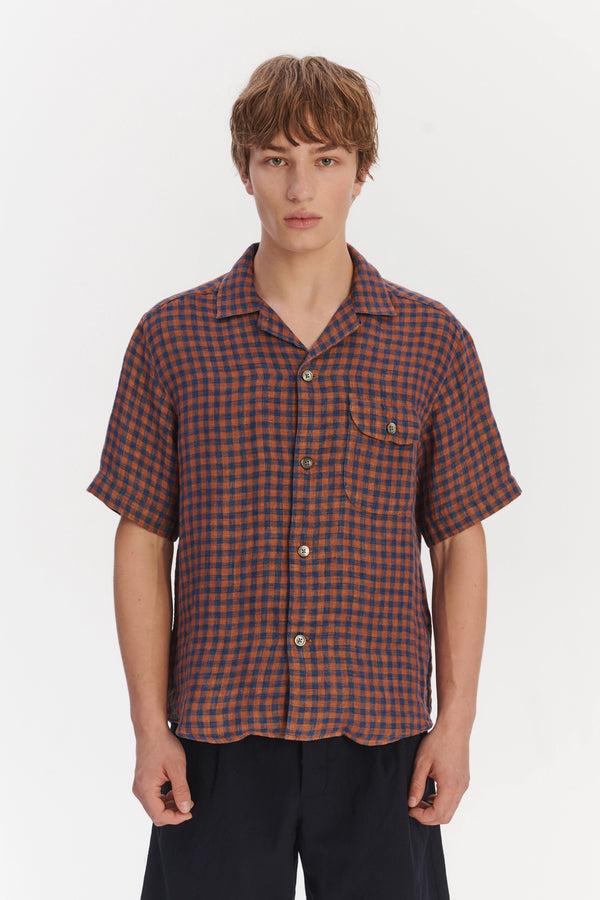 Delikatessen Short Sleeve Relaxed Camp Collar Shirt In A Double Sided Rusty Red And Blue Chequered Linen
