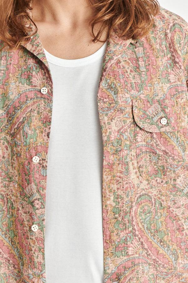 Delikatessen Short Sleeve Relaxed Camp Collar Shirt In A Pink Green And Beige Shaded Paisley Design Japanese Linen
