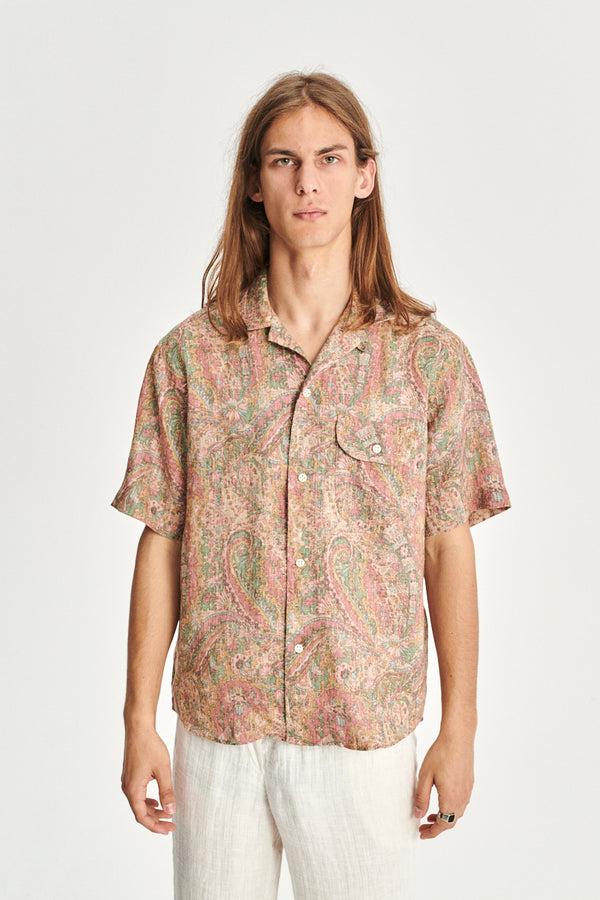 Delikatessen Short Sleeve Relaxed Camp Collar Shirt In A Pink Green And Beige Shaded Paisley Design Japanese Linen