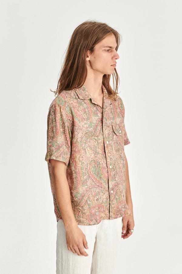 Delikatessen Short Sleeve Relaxed Camp Collar Shirt In A Pink Green And Beige Shaded Paisley Design Japanese Linen