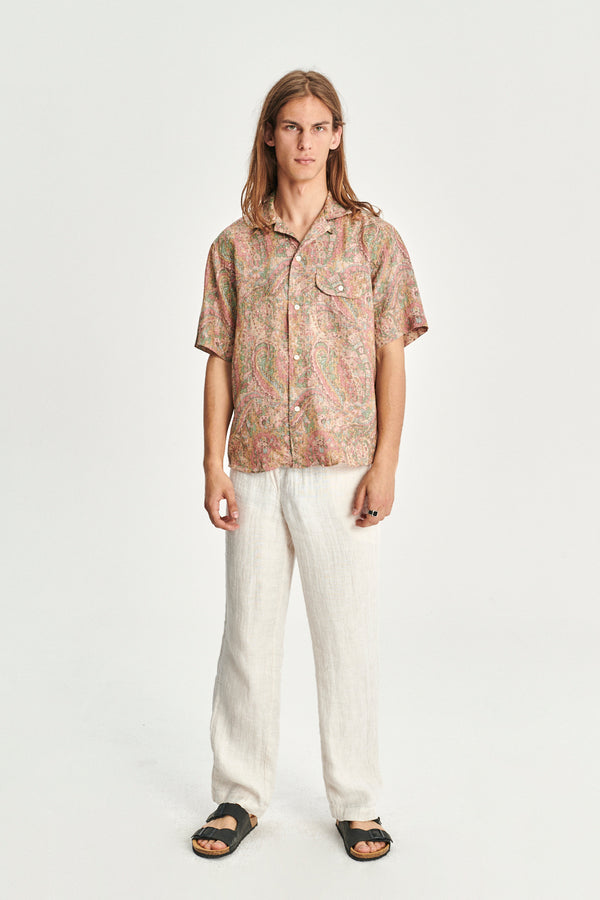 delikatessen Short Sleeve Relaxed Camp Collar Shirt in a Pink Green and Beige Shaded Paisley Design Japanese Linen