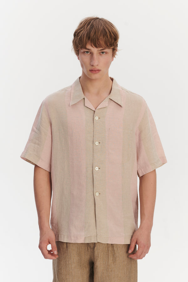 Delikatessen Short Sleeve Relaxed Cuban Collar Shirt In Tonal Pink And Beige Stripes Of A Superb Italian Traceable Linen