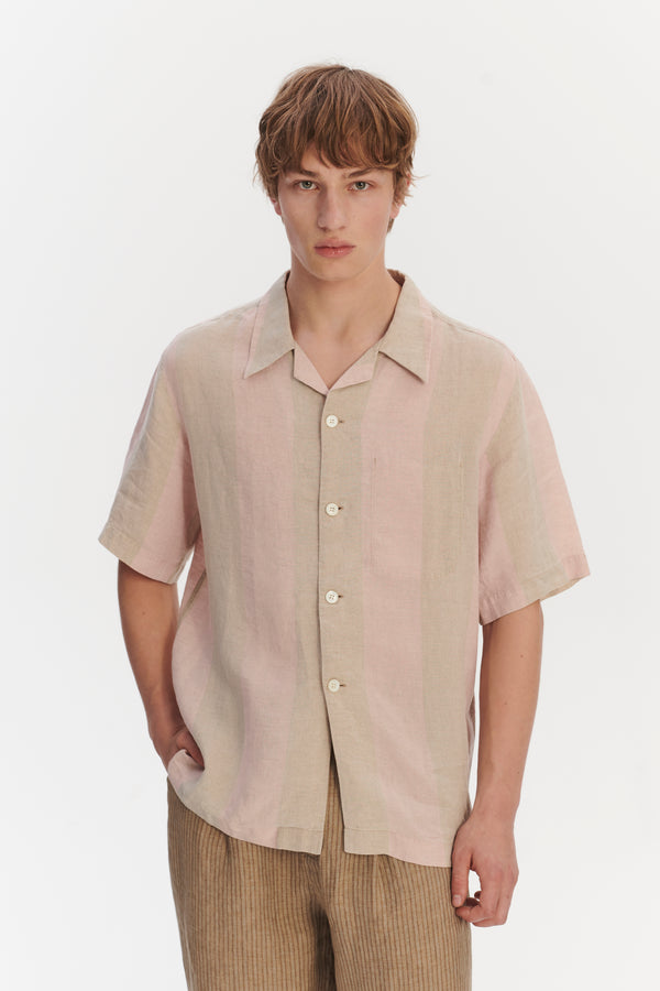 Delikatessen Short Sleeve Relaxed Cuban Collar Shirt In Tonal Pink And Beige Stripes Of A Superb Italian Traceable Linen