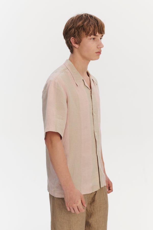 Delikatessen Short Sleeve Relaxed Cuban Collar Shirt In Tonal Pink And Beige Stripes Of A Superb Italian Traceable Linen