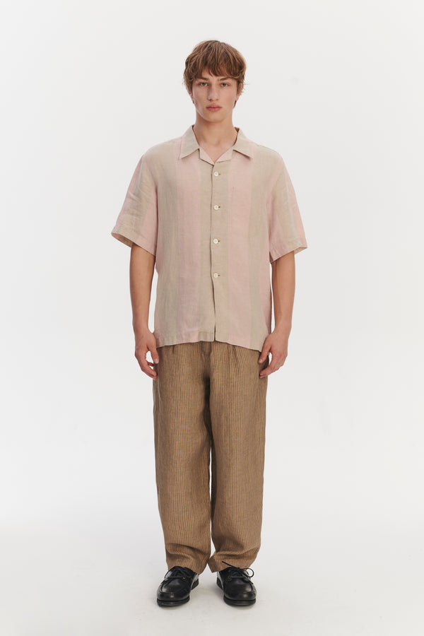 delikatessen Short Sleeve Relaxed Cuban Collar Shirt in Tonal Pink and Beige Stripes of a Superb Italian Traceable Linen delikatessen Short Sleeve Relaxed Cuban Collar Shirt in Tonal Pink and Beige Stripes of a Superb Italian Traceable Linen