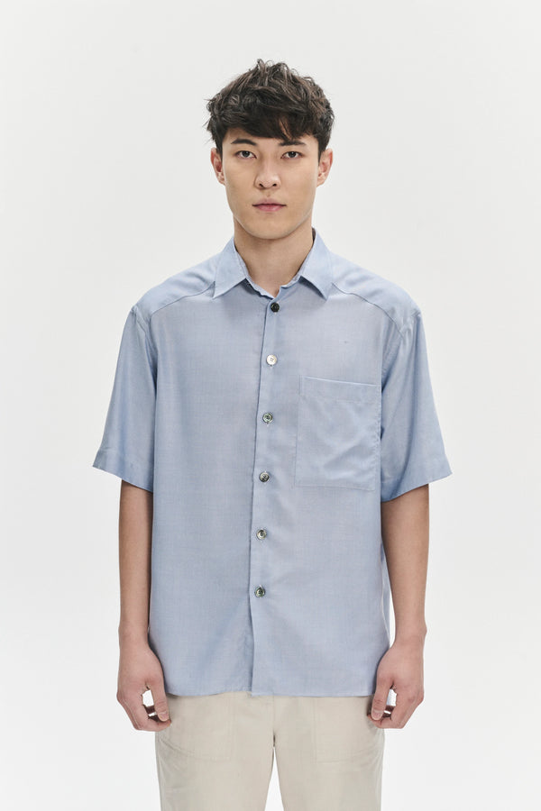 Delikatessen Short Sleeve Socker Shirt In An Extra Soft Blue Portuguese Oxford Lyocell