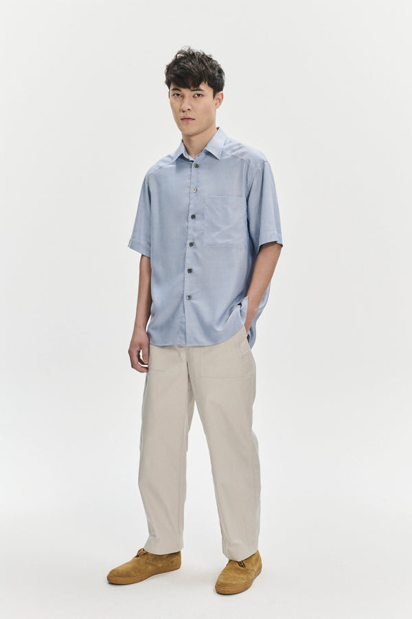 Delikatessen Short Sleeve Socker Shirt In An Extra Soft Blue Portuguese Oxford Lyocell