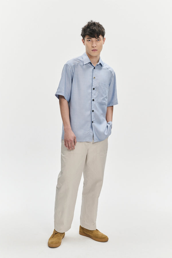 delikatessen Short Sleeve Socker Shirt in an Extra Soft Blue Portuguese Oxford Lyocell