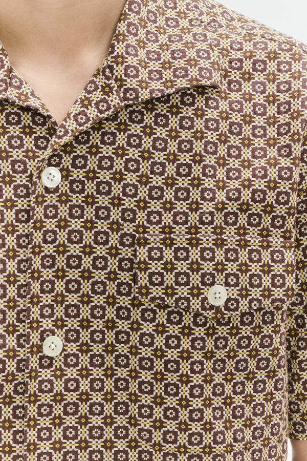Delikatessen Short Sleeve Tiger Spread Collar Shirt In A Brown And Yellow Portuguese Jacquard Woven Cotton