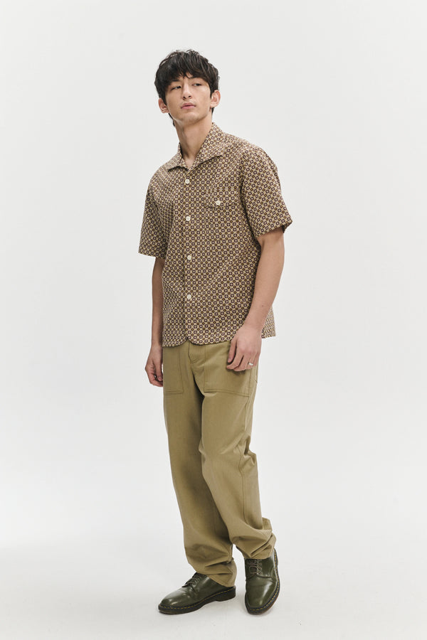 Delikatessen Short Sleeve Tiger Spread Collar Shirt In A Brown And Yellow Portuguese Jacquard Woven Cotton