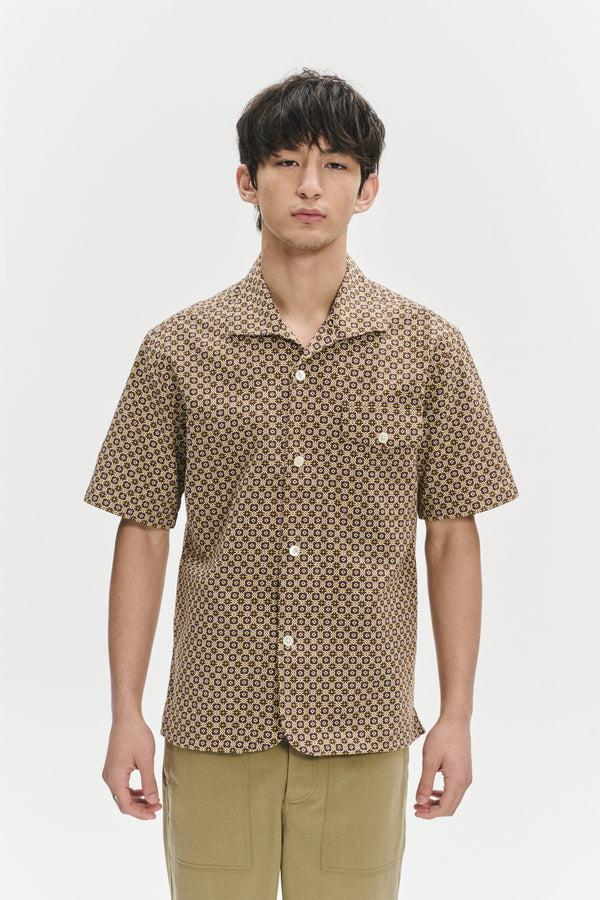 Delikatessen Short Sleeve Tiger Spread Collar Shirt In A Brown And Yellow Portuguese Jacquard Woven Cotton
