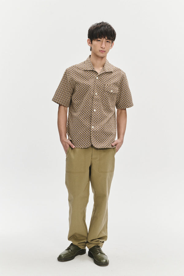 delikatessen Short Sleeve Tiger Spread Collar Shirt in a Brown and Yellow Portuguese Jacquard Woven Cotton