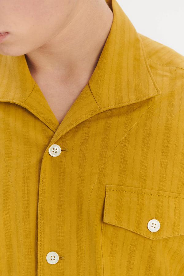 Delikatessen Short Sleeve Tiger Spread Collar Shirt In A Madras Yellow Jacquard Woven Japanese Cotton