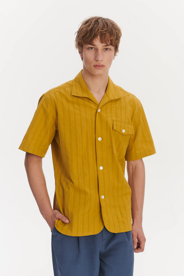 Delikatessen Short Sleeve Tiger Spread Collar Shirt In A Madras Yellow Jacquard Woven Japanese Cotton
