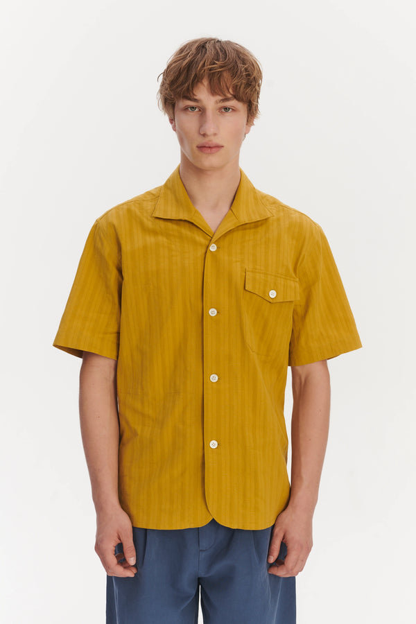 Delikatessen Short Sleeve Tiger Spread Collar Shirt In A Madras Yellow Jacquard Woven Japanese Cotton