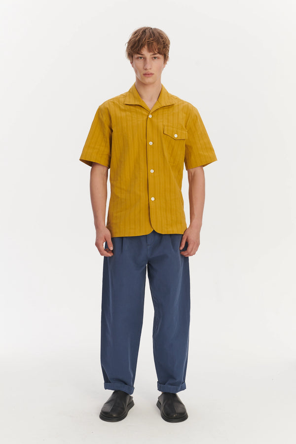 delikatessen Short Sleeve Tiger Spread Collar Shirt in a Madras Yellow Jacquard Woven Japanese Cotton