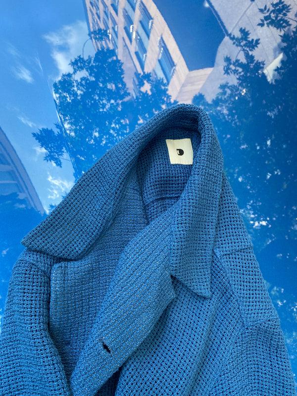 Delikatessen Short Sleeve Unisex Cuban Collar Shirt In A Soft Cornflower Blue Open Weave Portuguese Cotton