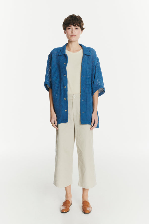 delikatessen Short Sleeve Unisex Cuban Collar Shirt in a Soft Cornflower Blue Open Weave Portuguese Cotton delikatessen Short Sleeve Unisex Cuban Collar Shirt in a Soft Cornflower Blue Open Weave Portuguese Cotton