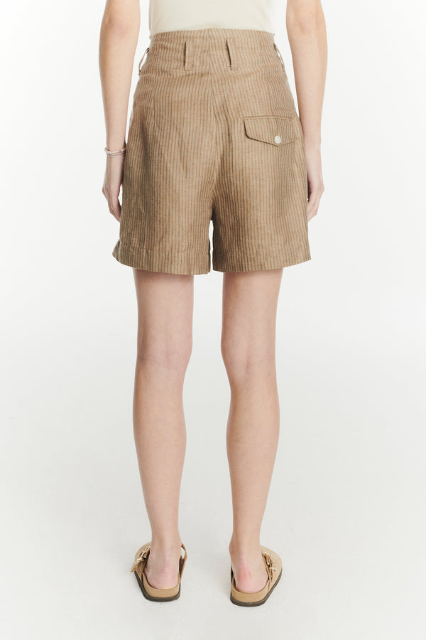 Delikatessen Shorts In A Light Brown Striped Fine Fluid Italian Traceable Linen