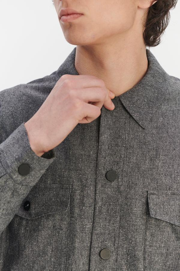 Delikatessen Snap Button Jacket In A Grey Blend Of Italian Virgin Wool Silk And Linen By Zignone