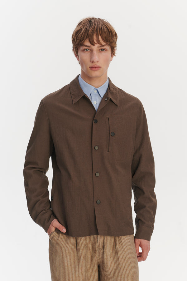 Delikatessen Snap Button Jacket In The Finest Airy Olive Brown Italian Merino Wool