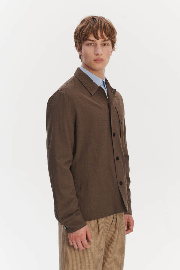 Delikatessen Snap Button Jacket In The Finest Airy Olive Brown Italian Merino Wool