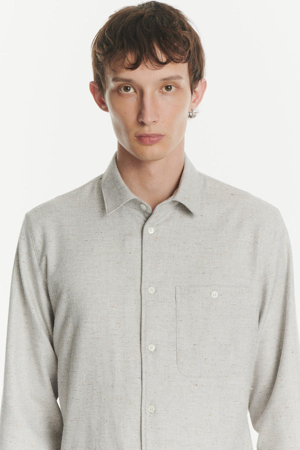 Delikatessen Strong Shirt In A Beige Grey Structural Italian Cotton Silk And Wool Tweed