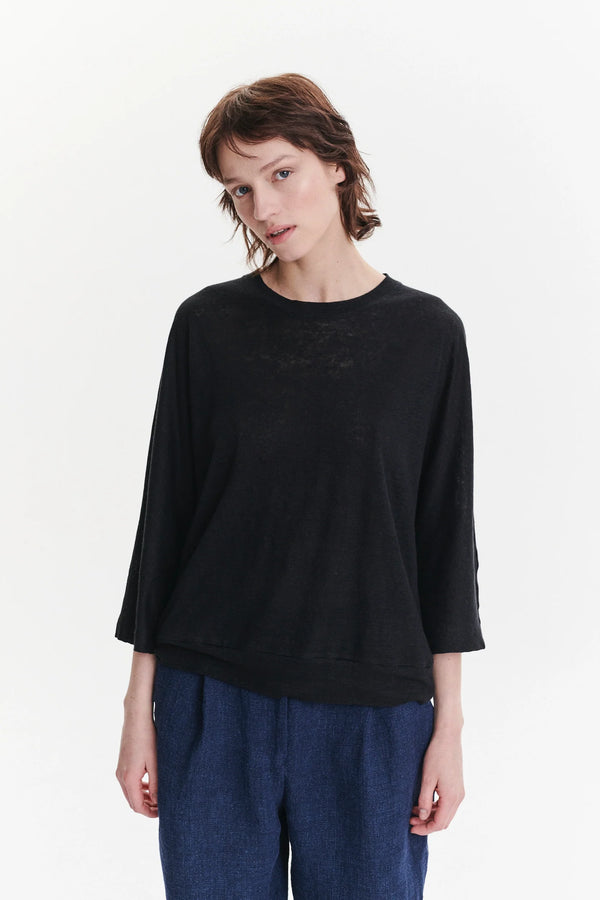Delikatessen Threequarter Sleeve Top In The Finest Black Lithuanian Linen Jersey