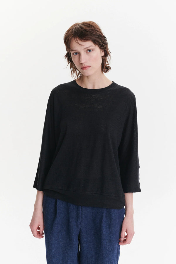 Delikatessen Threequarter Sleeve Top In The Finest Black Lithuanian Linen Jersey