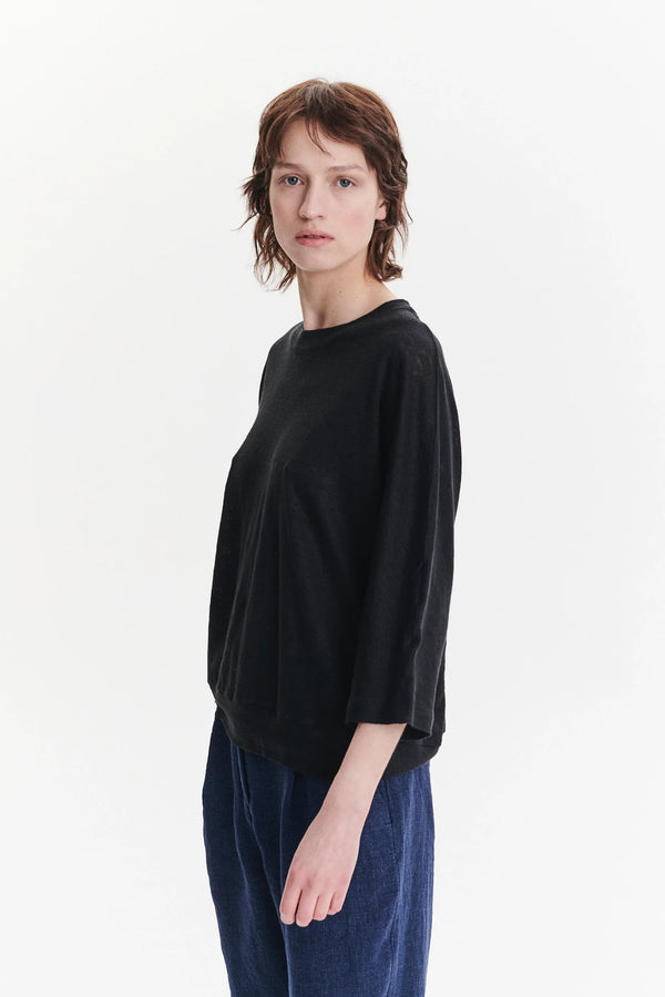 Delikatessen Threequarter Sleeve Top In The Finest Black Lithuanian Linen Jersey