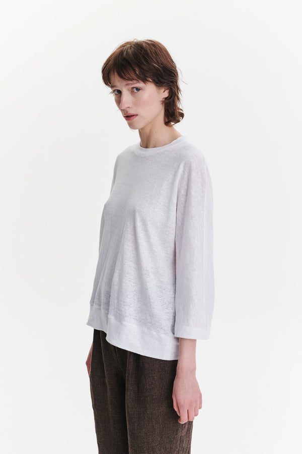 Delikatessen Threequarter Sleeve Top In The Finest White Lithuanian Linen Jersey