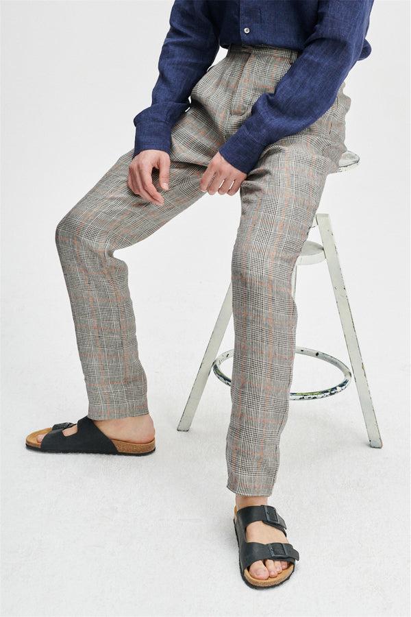 Delikatessen Trousers In A Grey And Vibrant Orange Prince Of Wales Italian Linen