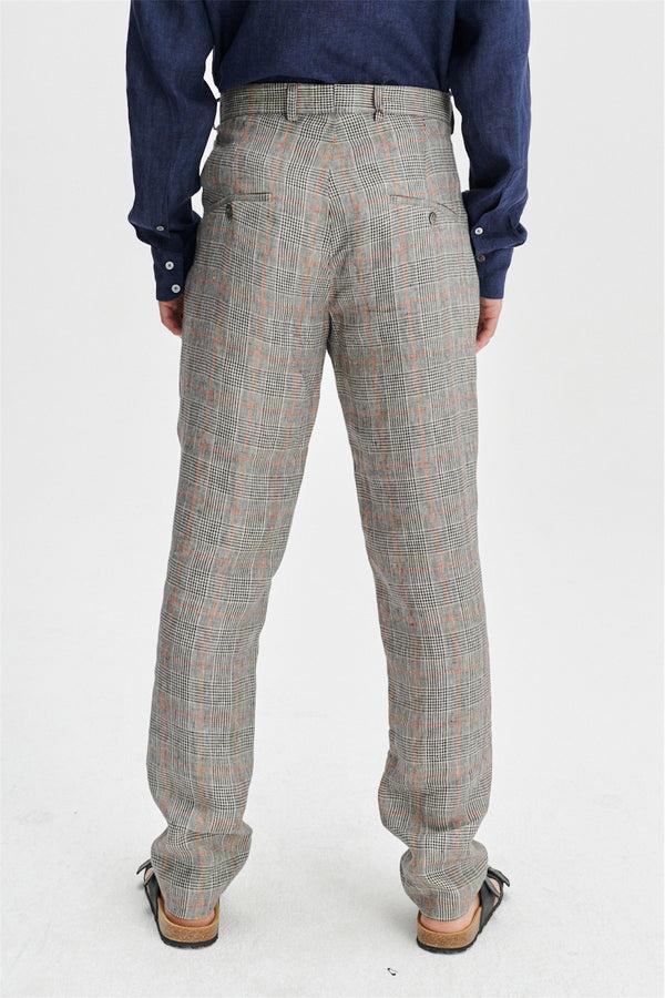 Delikatessen Trousers In A Grey And Vibrant Orange Prince Of Wales Italian Linen