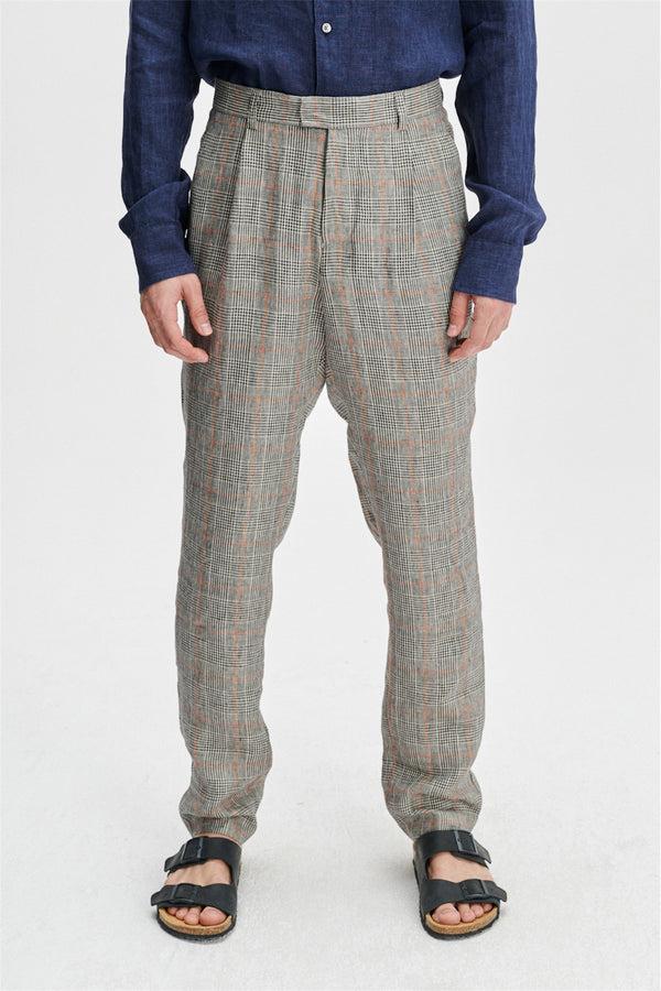 delikatessen Trousers in a Grey and Vibrant Orange Prince of Wales Italian Linen