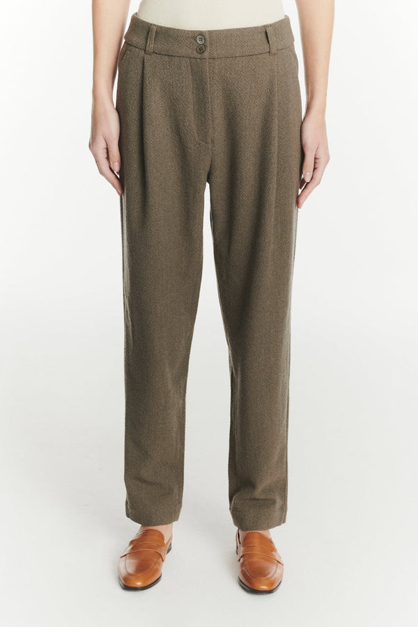 Delikatessen Trousers In A Taupe Italian Virgin Wool And Cotton Seersucker