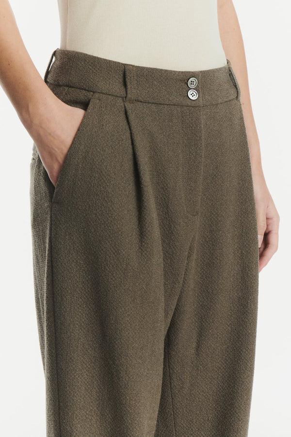 Delikatessen Trousers In A Taupe Italian Virgin Wool And Cotton Seersucker