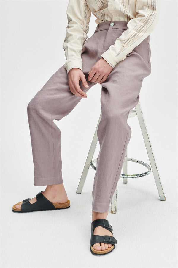 delikatessen Unisex Genuine Trousers in an Elephant Purple Soft Belgium Summer Linen